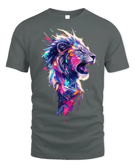 Roaring Lion T-Shirt Abstract Jungle Art Tee - gray t-shirt on white background