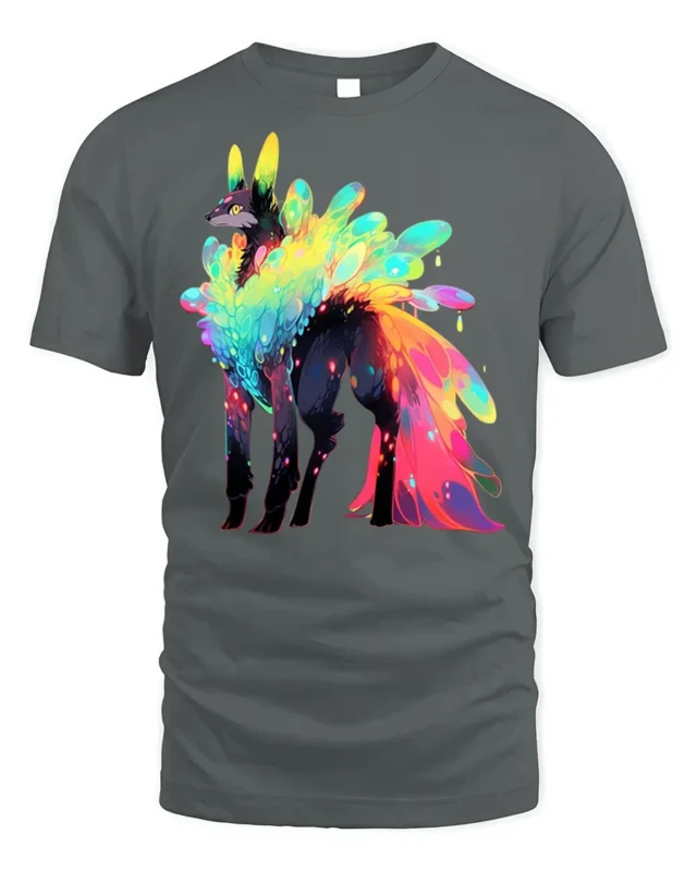 Rainbow Spirit Wolf Graphic T-shirt Cool Print - gray t-shirt on white background