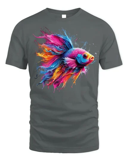Vibrant Betta Fish Art Tee Soft Cotton T-shirt - gray t-shirt on white background