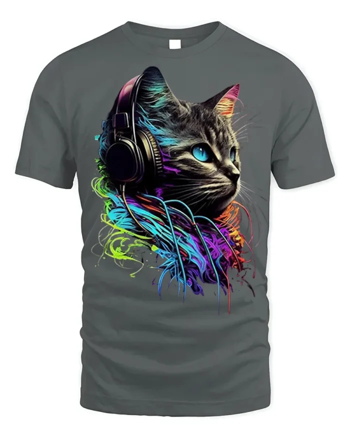 Neon DJ Cat Headphones Graphic T-shirt Cool - gray t-shirt on white background