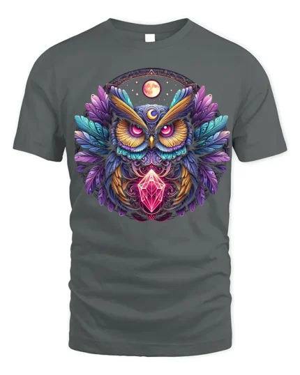 Mystic Owl Crystal Moon Graphic T-shirt - gray t-shirt on white background