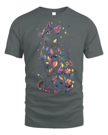 Floral Black Cat Artistic Printed T-shirt - gray t-shirt on white background
