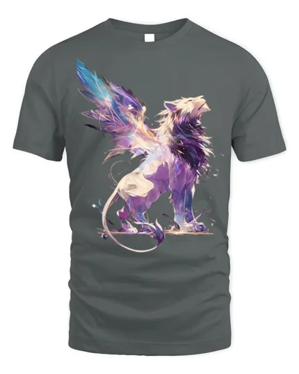 Fantasy Winged Lion Abstract Graphic T-shirt - gray t-shirt on white background