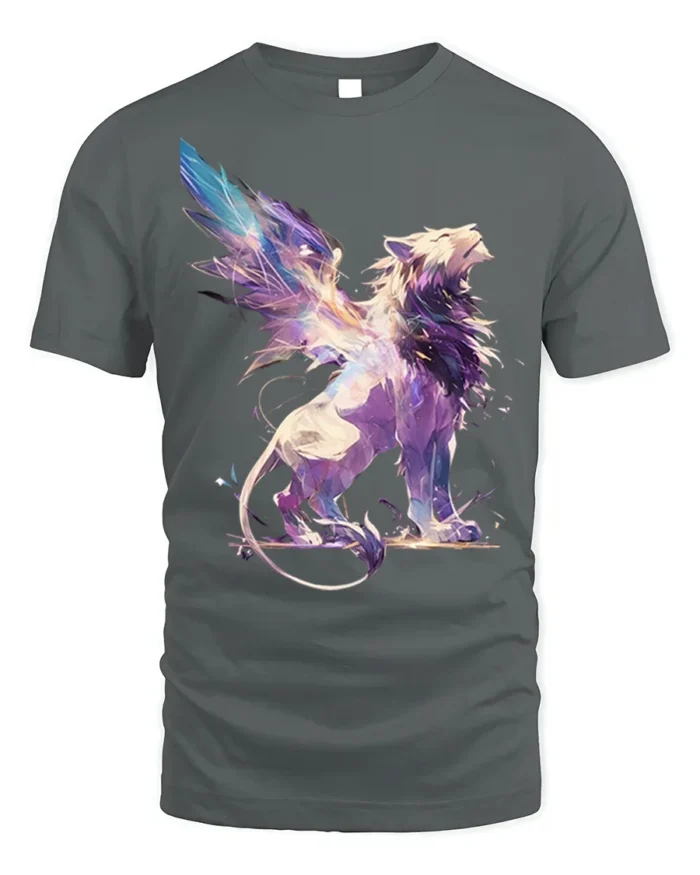 Fantasy Winged Lion Abstract Graphic T-shirt - gray t-shirt on white background
