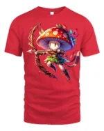 Mushroom Archer Fantasy Character T-shirt - red t-shirt on white background