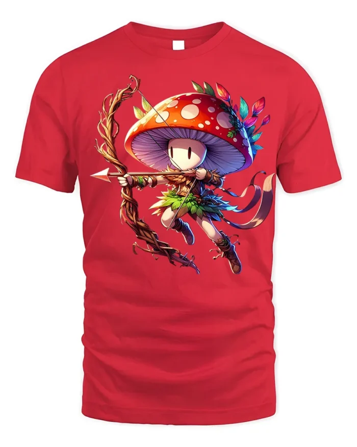 Mushroom Archer Fantasy Character T-shirt - red t-shirt on white background