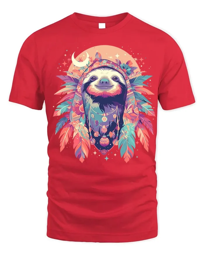 Boho Sloth Spirit Animal Graphic T-Shirt - red t-shirt on white background