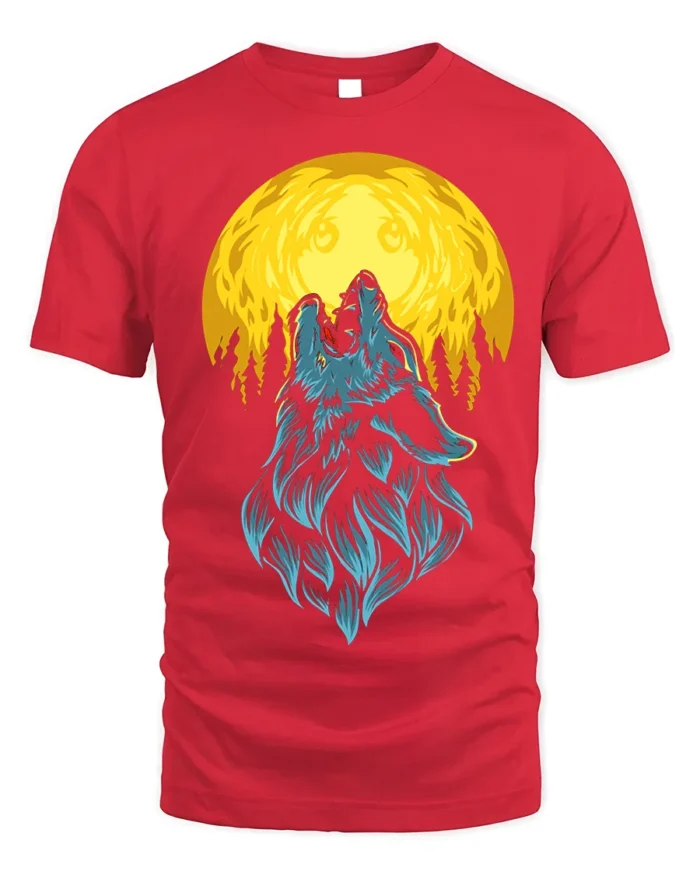 Howling Wolf Full Moon Graphic T-Shirt - red t-shirt on white background