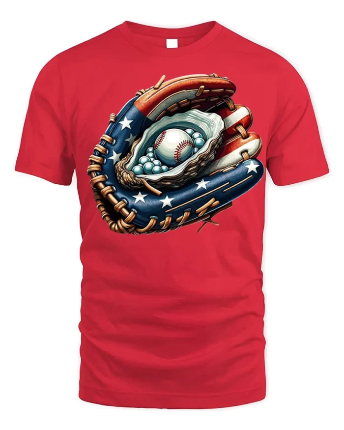 Patriotic Baseball Glove T-Shirt USA Flag Style - red t-shirt on white background