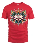 Lotus Om Mandala T-Shirt with Peacock Feathers - red t-shirt on white background