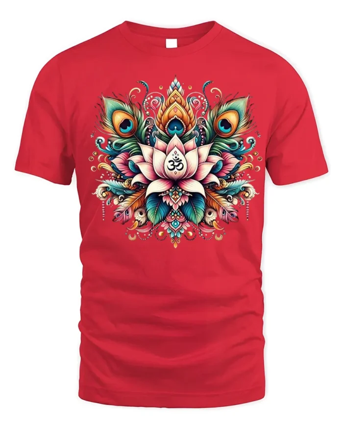 Lotus Om Mandala T-Shirt with Peacock Feathers - red t-shirt on white background