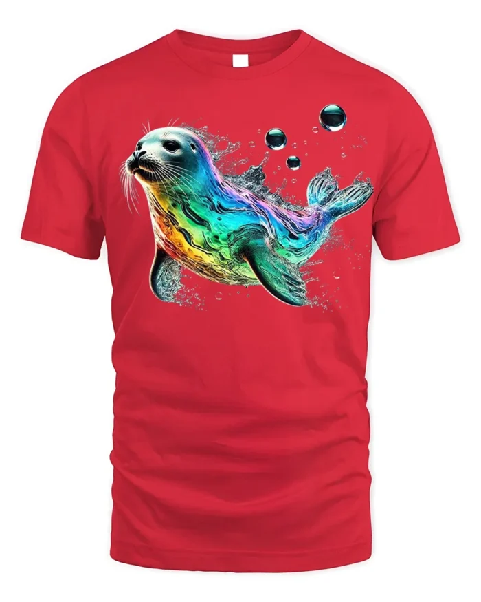 Colorful Sea Seal Graphic T-Shirt Ocean Style - red t-shirt on white background