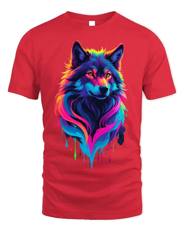 Rainbow Wolf T-Shirt Colorful Animal Print Tee - red t-shirt on white background