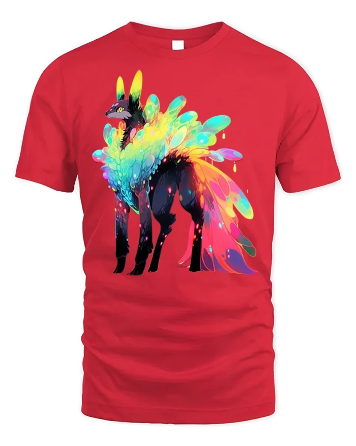 Rainbow Spirit Wolf Graphic T-shirt Cool Print - red t-shirt on white background