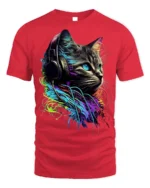 Neon DJ Cat Headphones Graphic T-shirt Cool - red t-shirt on white background