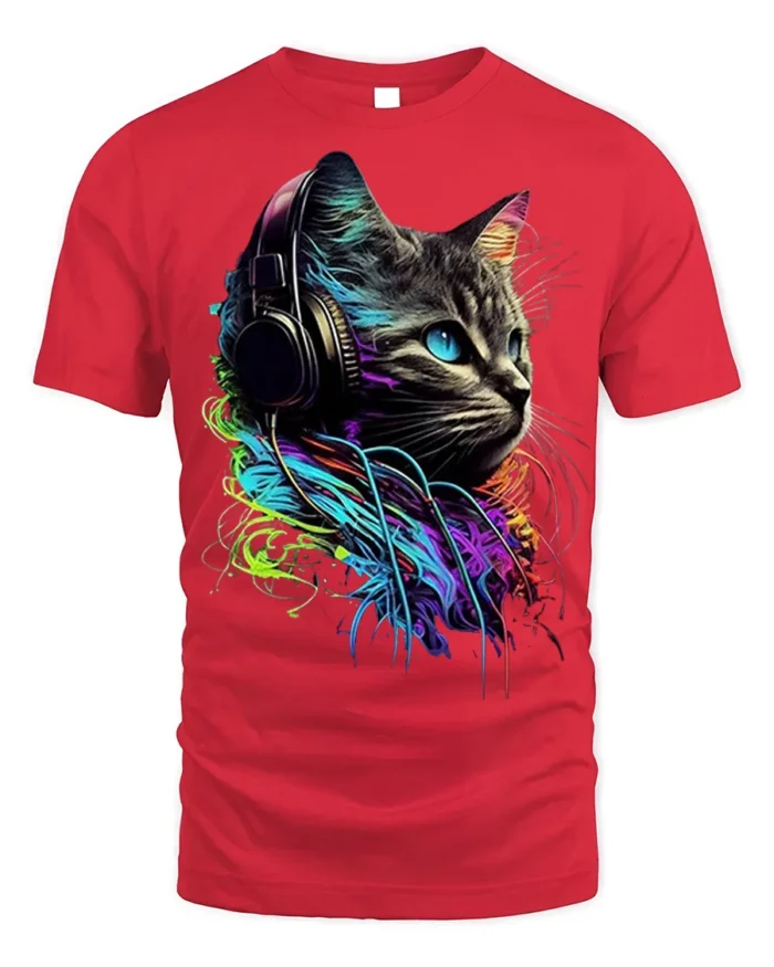 Neon DJ Cat Headphones Graphic T-shirt Cool - red t-shirt on white background