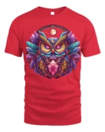 Mystic Owl Crystal Moon Graphic T-shirt - red t-shirt on white background