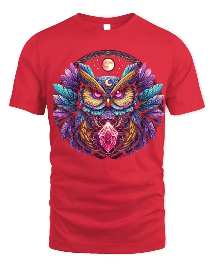 Mystic Owl Crystal Moon Graphic T-shirt - red t-shirt on white background