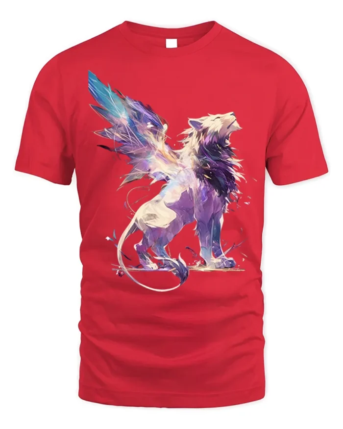 Fantasy Winged Lion Abstract Graphic T-shirt - red t-shirt on white background