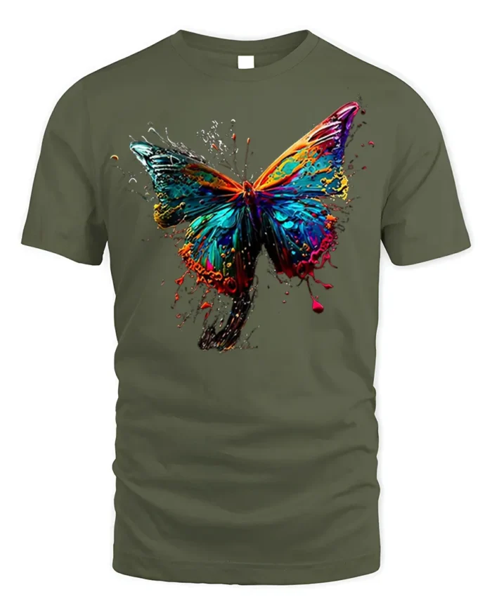 Color Splash Butterfly Graphic T-shirt - military green t-shirt on white background