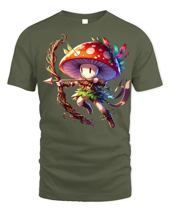 Mushroom Archer Fantasy Character T-shirt - military green t-shirt on white background