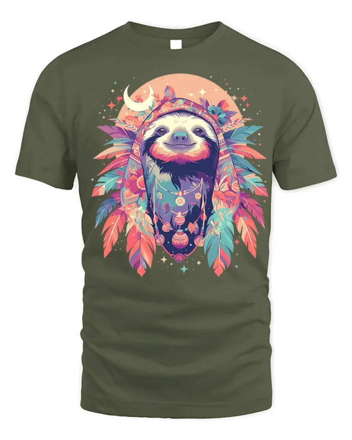 Boho Sloth Spirit Animal Graphic T-Shirt - military green t-shirt on white background