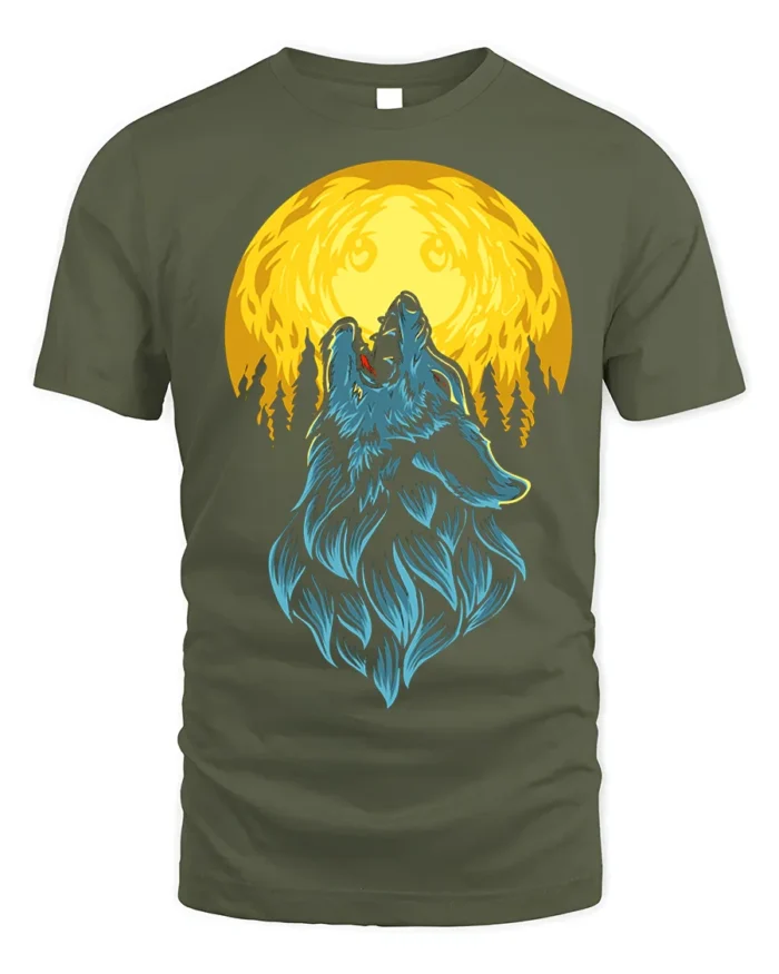 Howling Wolf Full Moon Graphic T-Shirt - military green t-shirt on white background