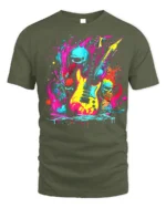 Neon Skull Guitar Rock Art T-Shirt - military green t-shirt on white background