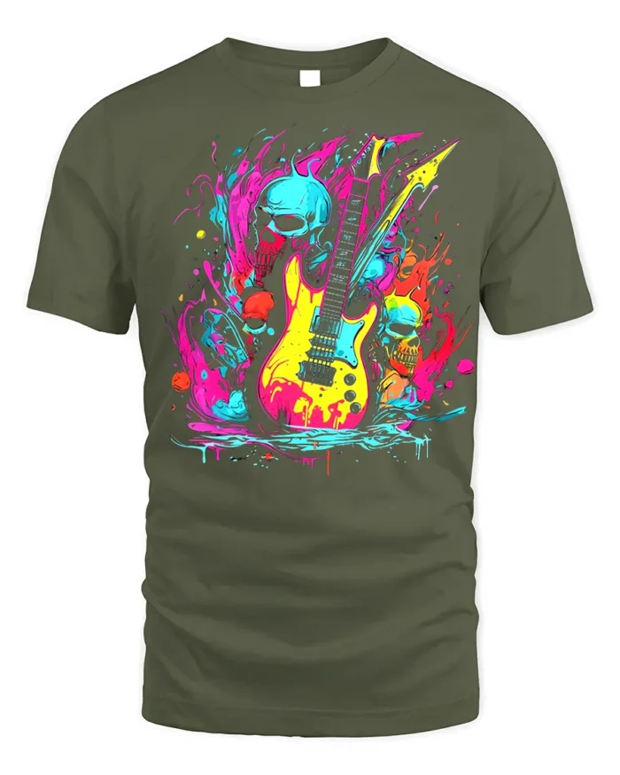 Neon Skull Guitar Rock Art T-Shirt - military green t-shirt on white background