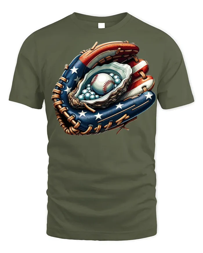 Patriotic Baseball Glove T-Shirt USA Flag Style - military green t-shirt on white background