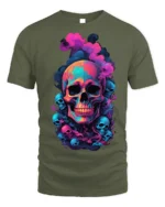 Neon Smoke Skull Art T-Shirt for Dark Style - military green t-shirt on white background