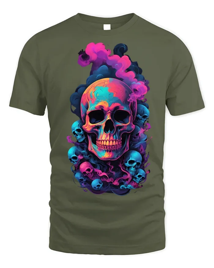 Neon Smoke Skull Art T-Shirt for Dark Style - military green t-shirt on white background
