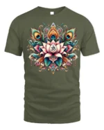 Lotus Om Mandala T-Shirt with Peacock Feathers - military green t-shirt on white background