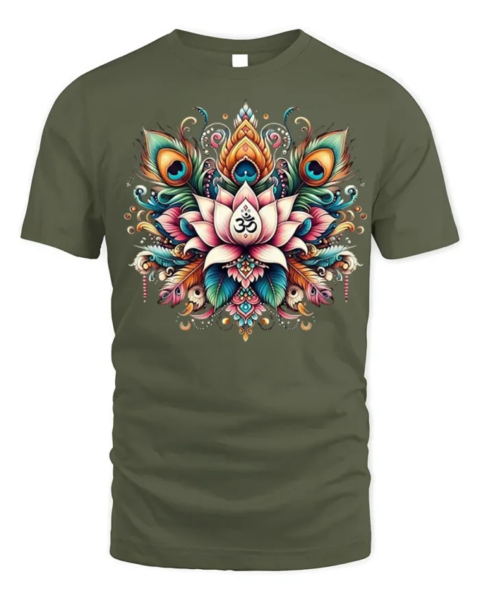 Lotus Om Mandala T-Shirt with Peacock Feathers - military green t-shirt on white background