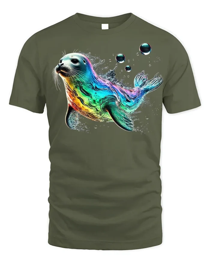 Colorful Sea Seal Graphic T-Shirt Ocean Style - military green t-shirt on white background