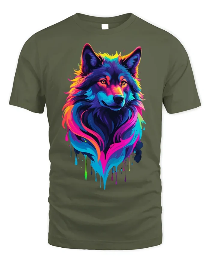 Rainbow Wolf T-Shirt Colorful Animal Print Tee - military green t-shirt on white background