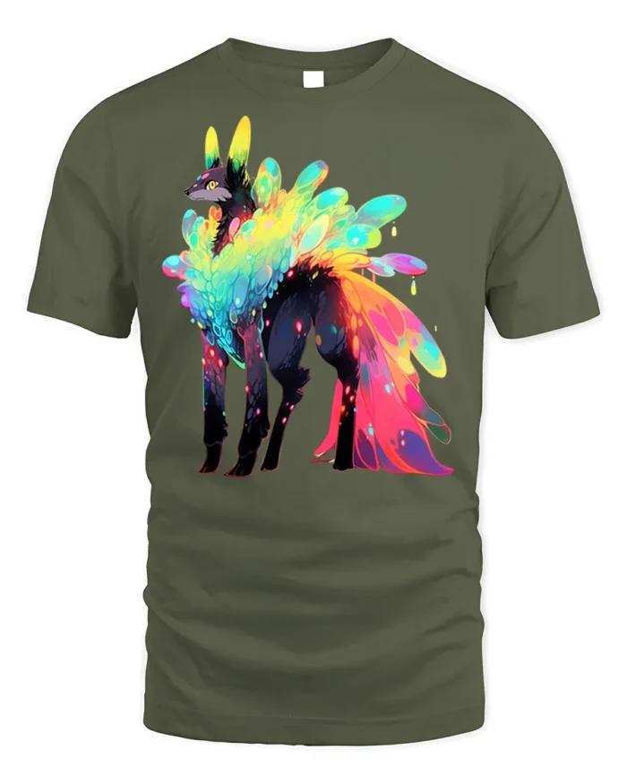 Rainbow Spirit Wolf Graphic T-shirt Cool Print - military green t-shirt on white background