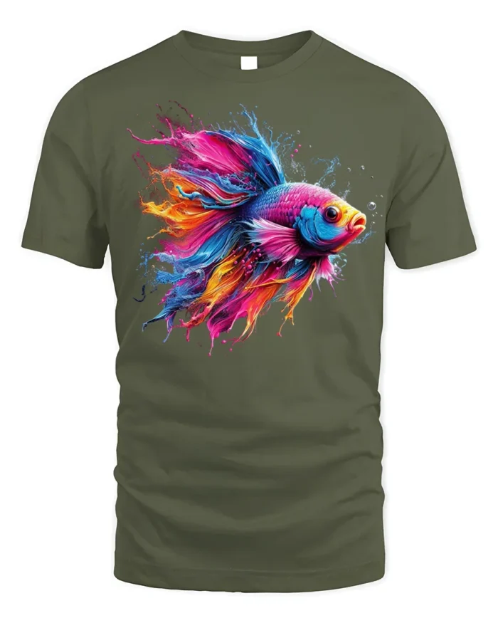 Vibrant Betta Fish Art Tee Soft Cotton T-shirt - military green t-shirt on white background