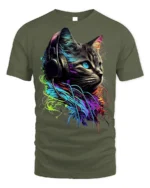 Neon DJ Cat Headphones Graphic T-shirt Cool - military green t-shirt on white background