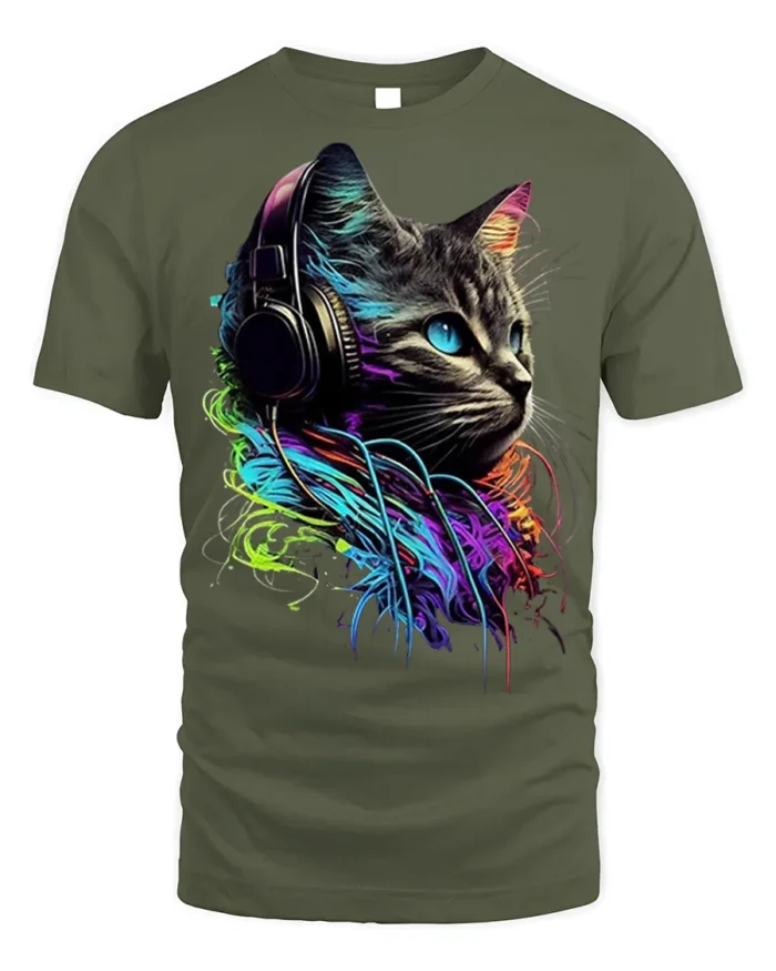 Neon DJ Cat Headphones Graphic T-shirt Cool - military green t-shirt on white background