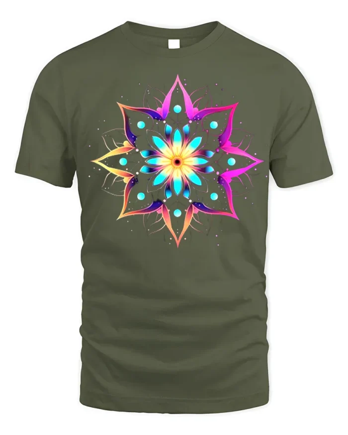Psychedelic Mandala Art Printed T-shirt - military green t-shirt on white background