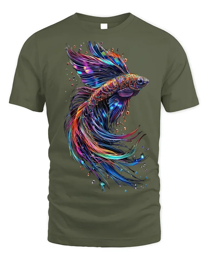 Colorful Betta Fish Art Printed T-shirt Cool - military green t-shirt on white background