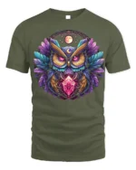 Mystic Owl Crystal Moon Graphic T-shirt - military green t-shirt on white background