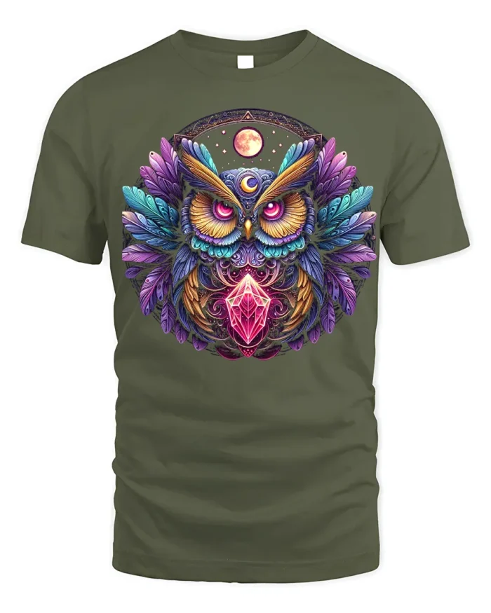 Mystic Owl Crystal Moon Graphic T-shirt - military green t-shirt on white background