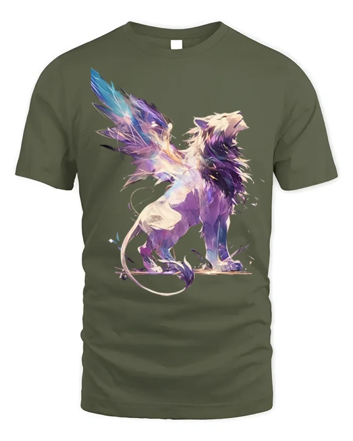 Fantasy Winged Lion Abstract Graphic T-shirt - military green t-shirt on white background