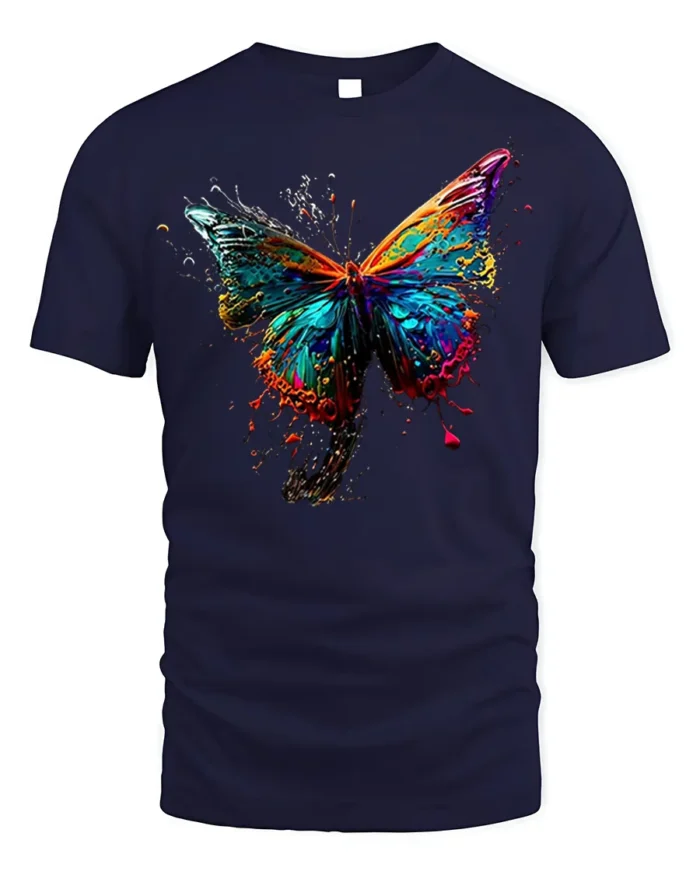 Color Splash Butterfly Graphic T-shirt - navy t-shirt on white background