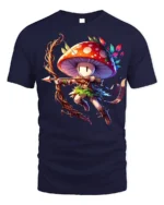 Mushroom Archer Fantasy Character T-shirt - navy t-shirt on white background