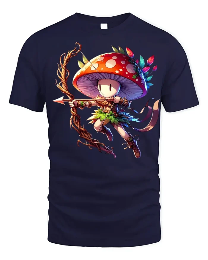 Mushroom Archer Fantasy Character T-shirt - navy t-shirt on white background