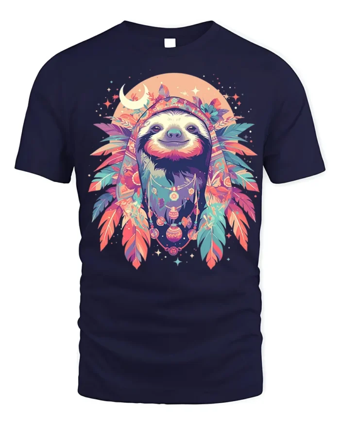 Boho Sloth Spirit Animal Graphic T-Shirt - navy t-shirt on white background