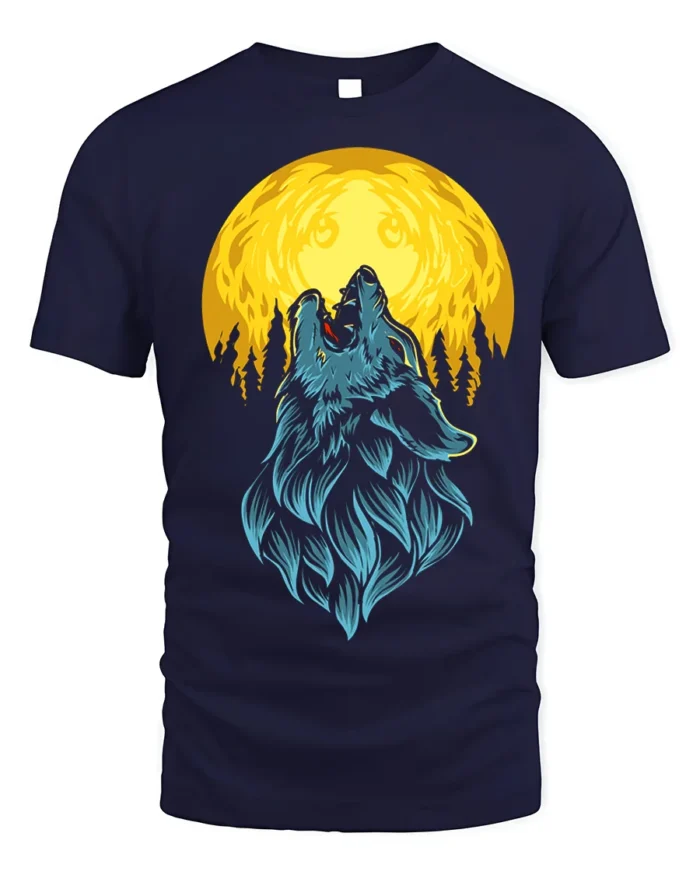 Howling Wolf Full Moon Graphic T-Shirt - navy t-shirt on white background